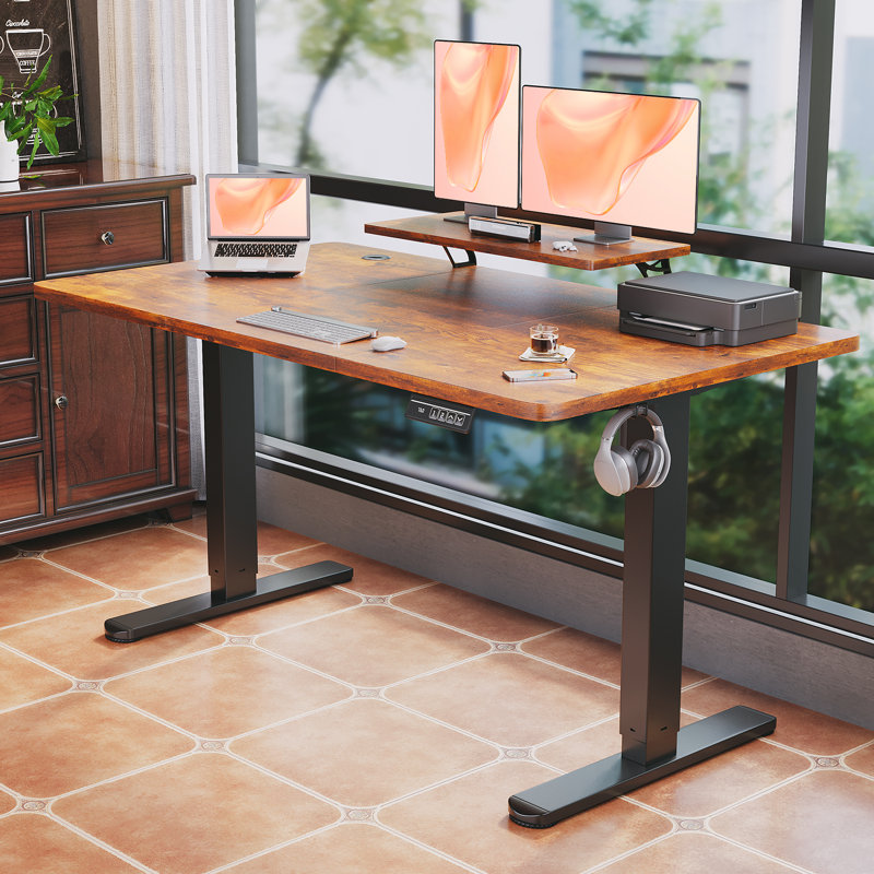 T-Shape Electric Standing Desk With Monitor Stand Memory Smart Pannel Home Office Desk, 160 W x 70 D, Black, Rustic Brown