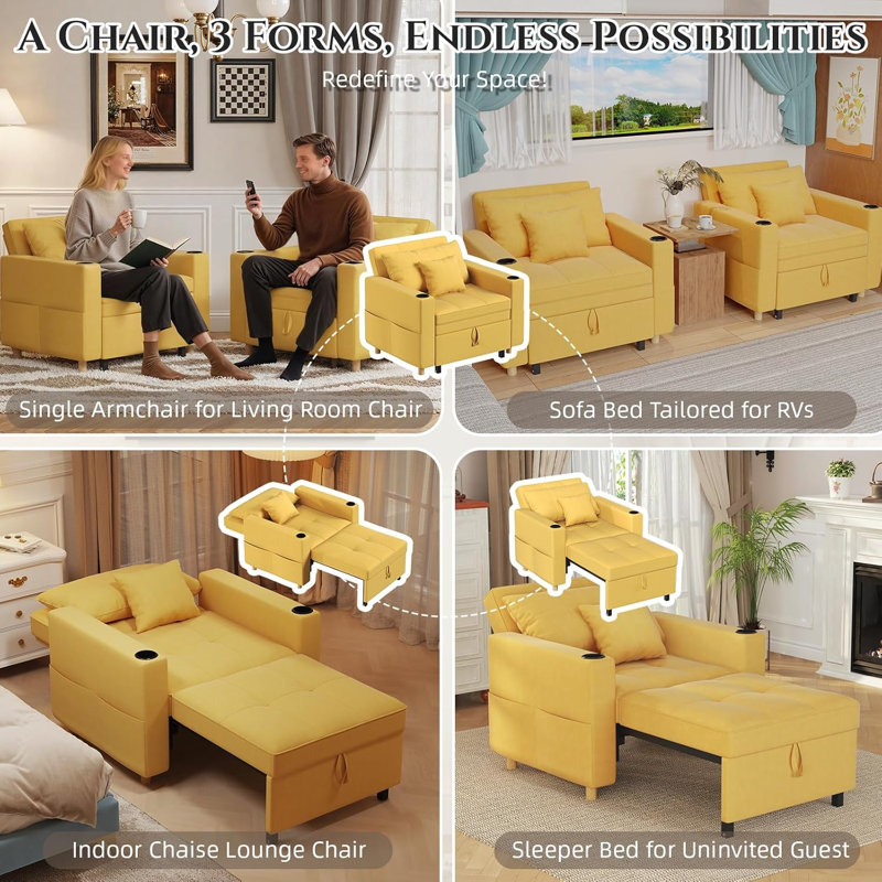 Emma-Leigh Upholstered Convertible Chair, Yellow Linen
