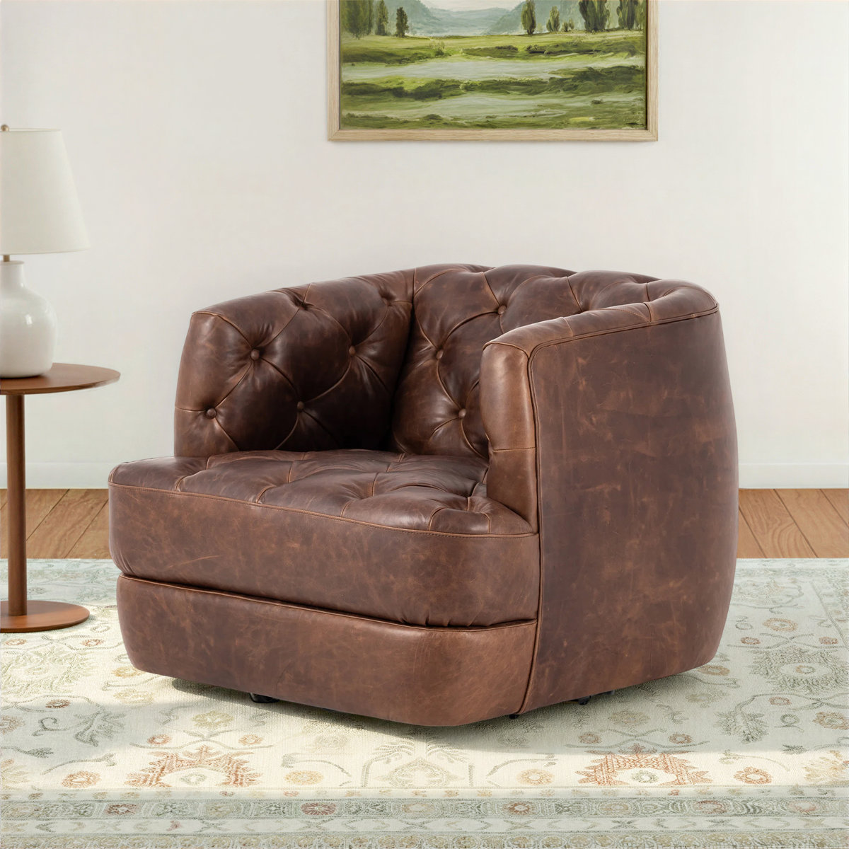 Birch Lane Jamaris Tufted Genuine Leather Swivel Barrel Chair