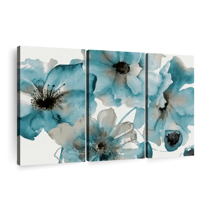 «Teal Kissed Hues», 3 pièces sur toile, H 32 po x l 50 po