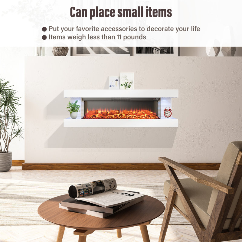 3-Sided Wall Mounted Led Electric Fireplace With Floating Mantel,Remote Control Adjustable Heat, White