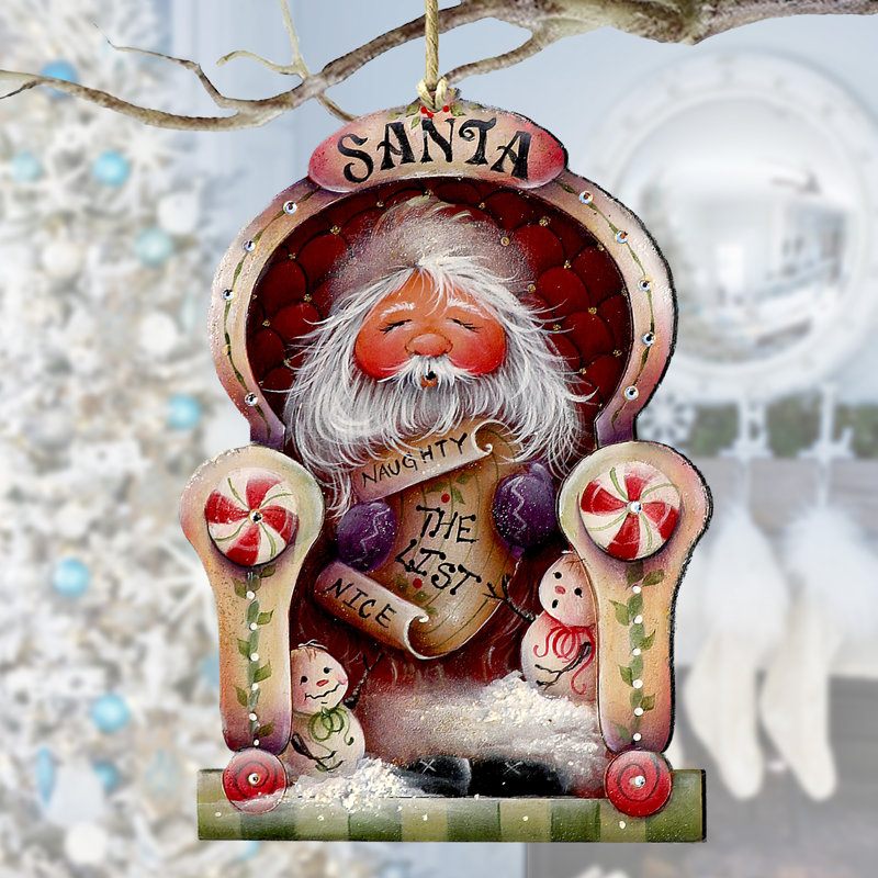 Ornement en bois Père Noël vérifiant sa liste par J. Mills-Price