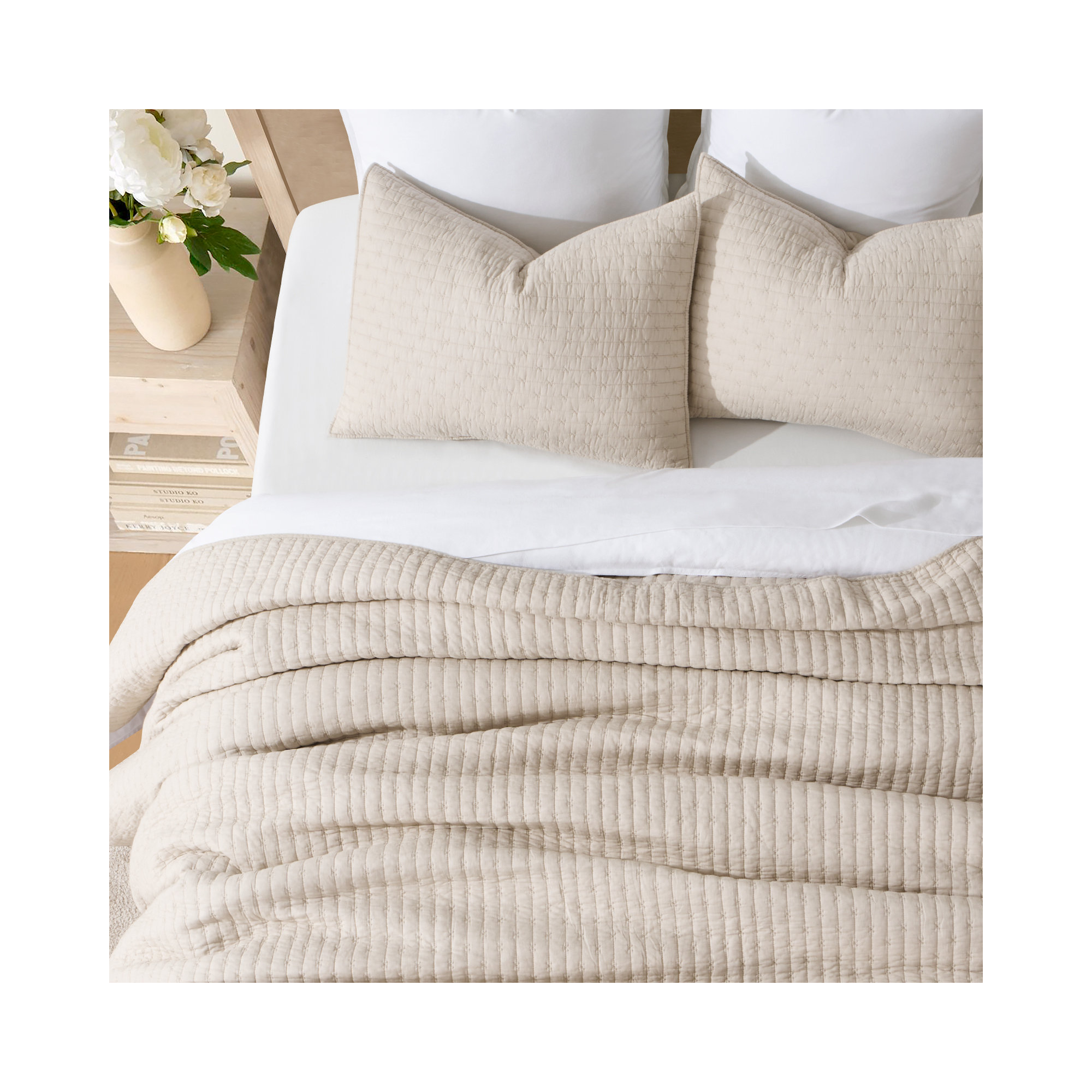 Cross Stitch Cotton Quilt set, Flax Beige, Queen