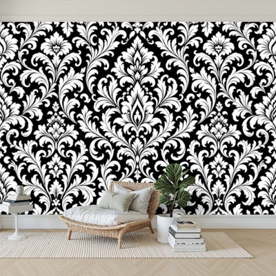 Papier peint auto-adhésif damassé de style baroque sans soudure noir et blanc à motif floral orné de papier autocollant amovible pour décoration murale de salon H 100 po x l 144 po