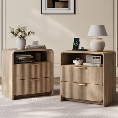 Table de chevet 25 po H 2 tiroirs avec station de charge, armoire de chevet cannelée moderne pour chambre à coucher, profil profilé incurvé