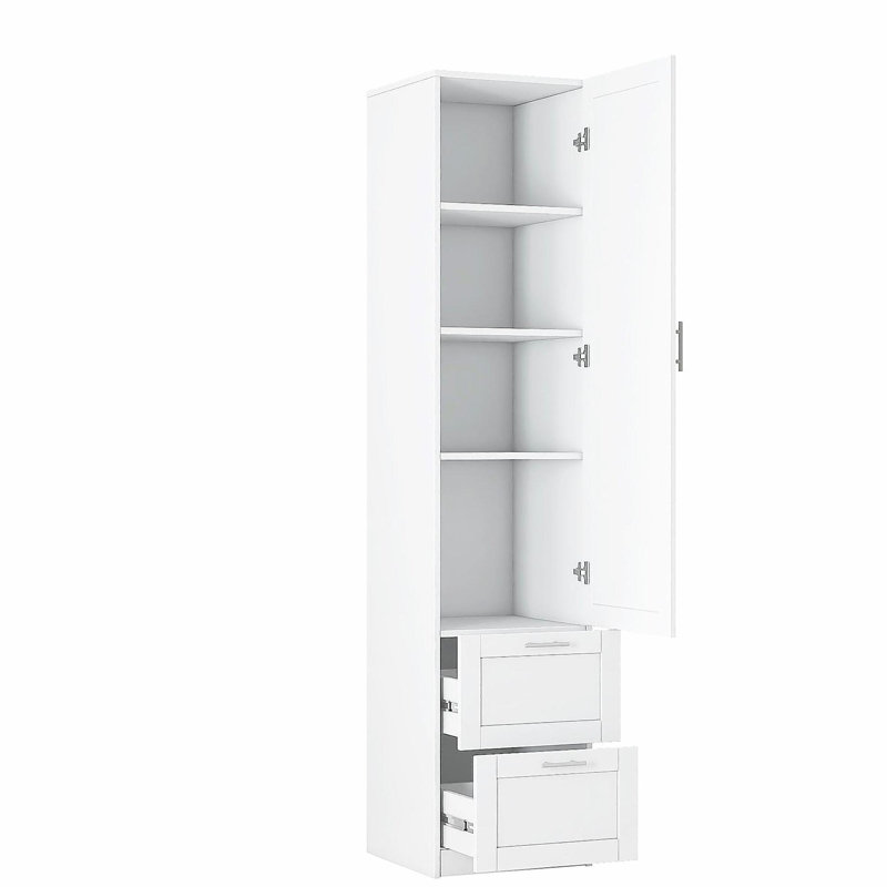 Élégant garde-manger autoportant avec une porte, deux tiroirs et des tablettes réglables pour un rangement polyvalent et une esthétique moderne