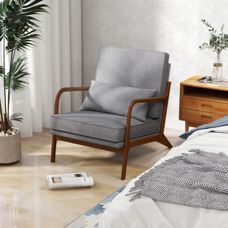Chaise d'appoint rembourrée avec accoudoirs et pieds en bois d'hévéa Modern, Mélange de polyester gris