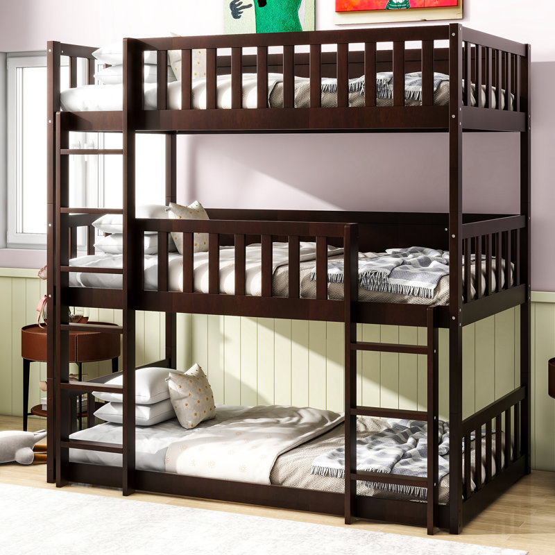 Lit simple superposé triple en bois d'hévéa, échelles, barrières de sécurité amovibles pour la taille de la chambre à coucher,