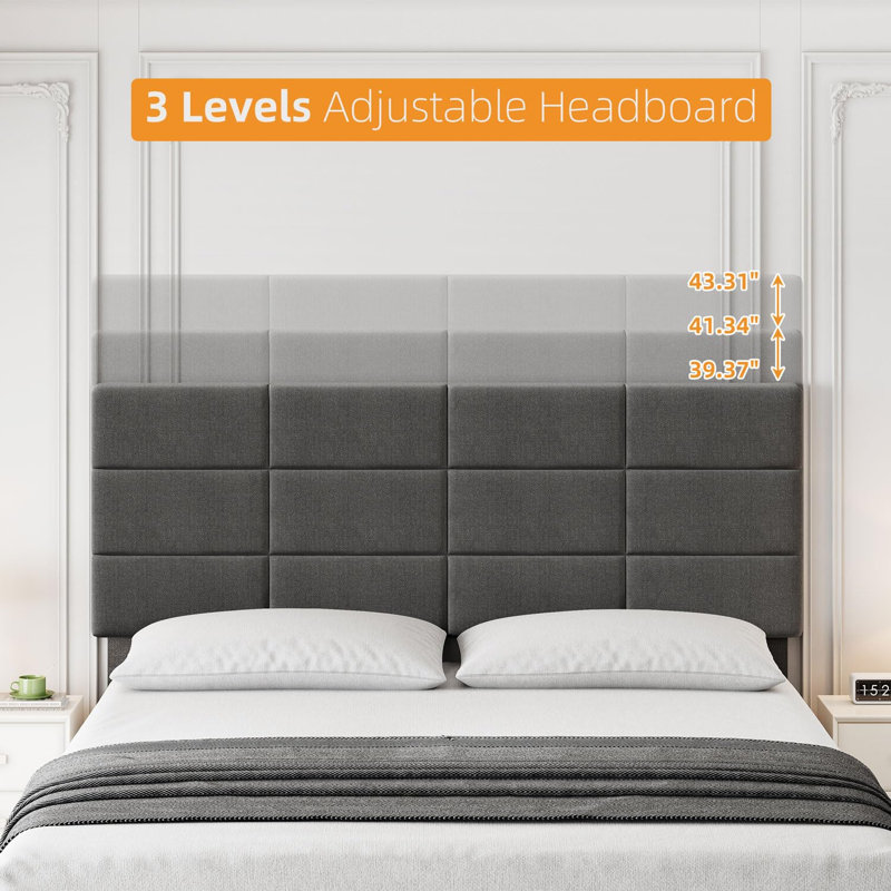 Platform Bed Frame with Headboard, Grey Linen Upholstered Wood Bed, No Box Spring Needed with 700 LBS Sturdy Wooden Slats Support