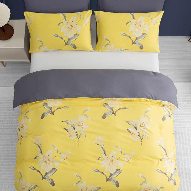 Microfiber Floral Duvet Cover Set, Yellow & Grey, SuperKing (220cm x 260cm)