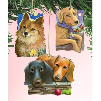 Ensemble d’ornement figurine suspendu en bois 3 pièces dogs