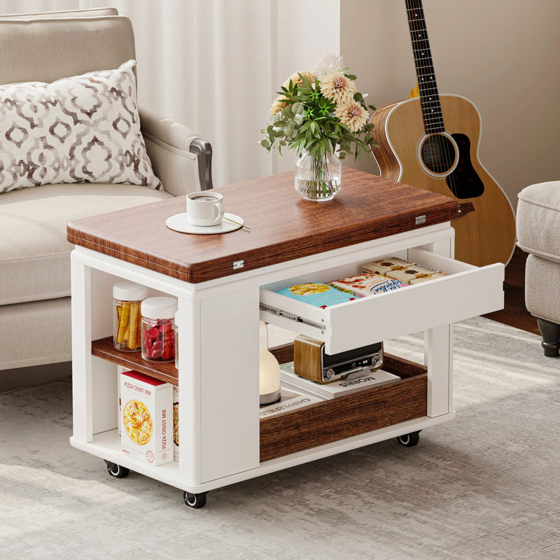 Table basse / table d'appoint moderne 27,6 po avec plateau pliable et roulettes, rangement à plusieurs niveaux, Blanc