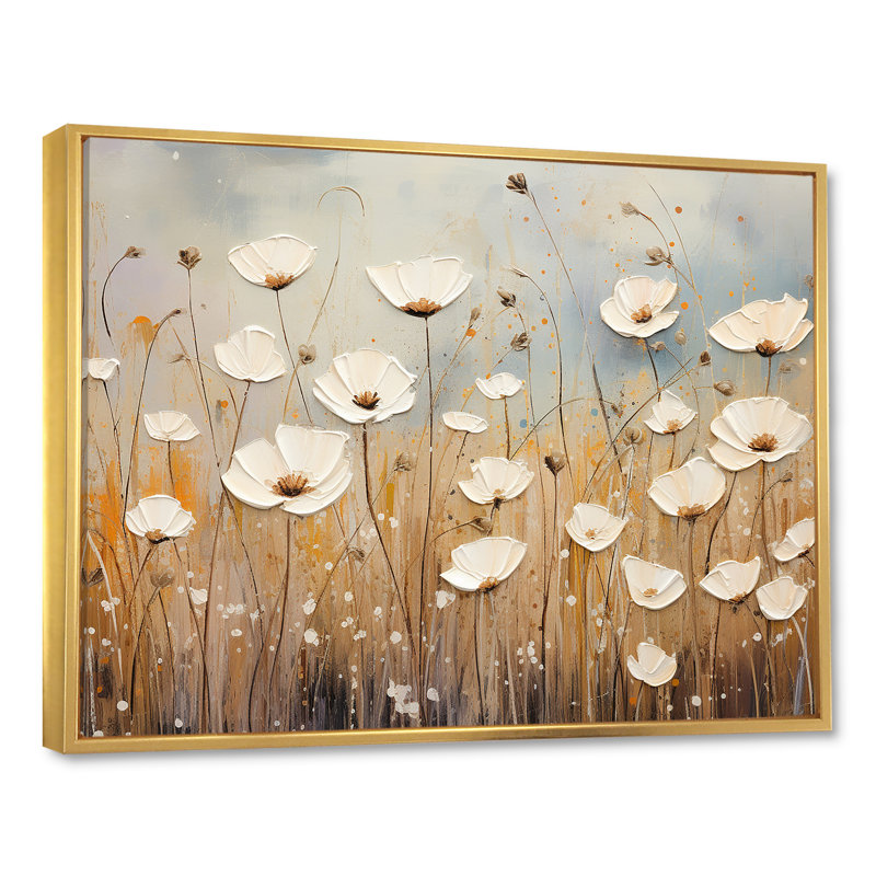 Beige fleurs de jardin murmures III, H 34 po x l 44 po x P 1,5 po, Cadre flottant doré
