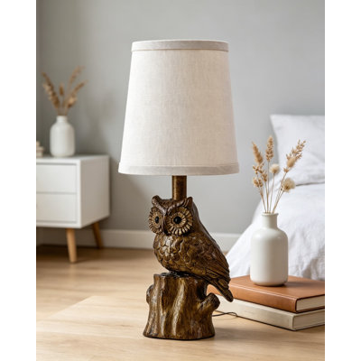 14.25-Inch Farmhouse Table Lamp with Gold Owl Resin Base and Linen Shade for Living Room, Bedroom, Nightstand, and Rustic Decor