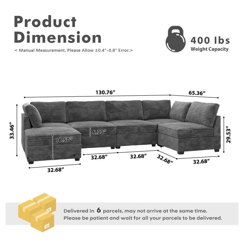 6-piece Modular Corduroy Sectional Sofa With Ottoman, Deep Seat Cloud Couch For Living Room & Bedroom, Easy To Assemble, Soft Upholstered Modern U&l-shaped Sofa