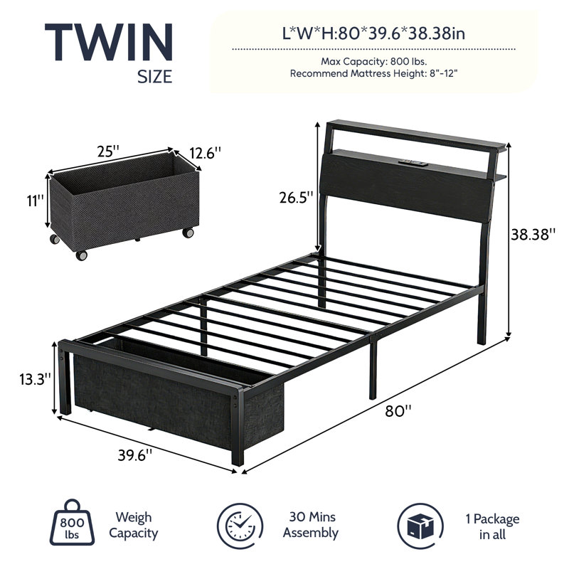 Base de lit de taille simple avec 2 tiroirs de rangement et tête de lit, lit plateforme avec lumières à DEL et station de charge