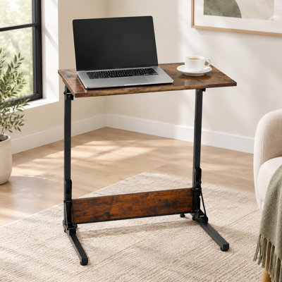 Natural Finish C Shaped Side Table with Folding Metal Frame for Small Spaces
