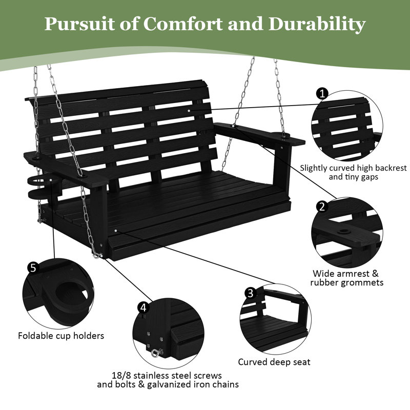 Balancelle en poly pour 2 personnes, banc de balançoire avec porte-gobelets, Black
