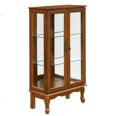 Curio Cabinet Lighted Curio Diapaly Cabinet With Adjustable Shelves And Mirrored Back Panel, Tempered Glass Doors (Oak, 3 Tier), (E26 Light Bulb Not Included)