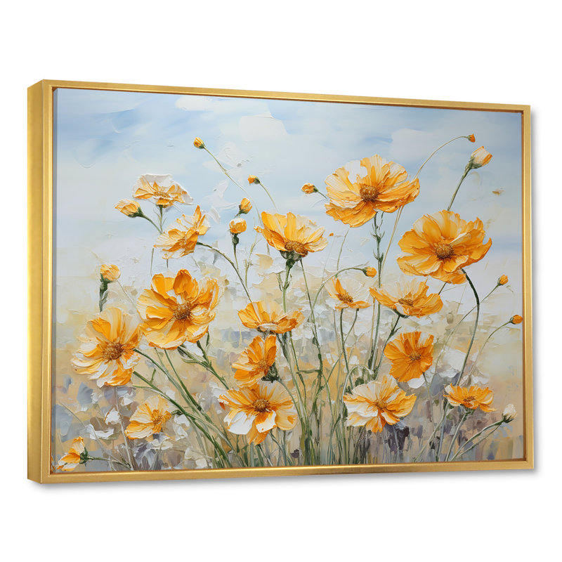Charme de souci jaune discret II sur toile, Cadre flottant doré, H 34 po x l 44 po x P 1,5 po