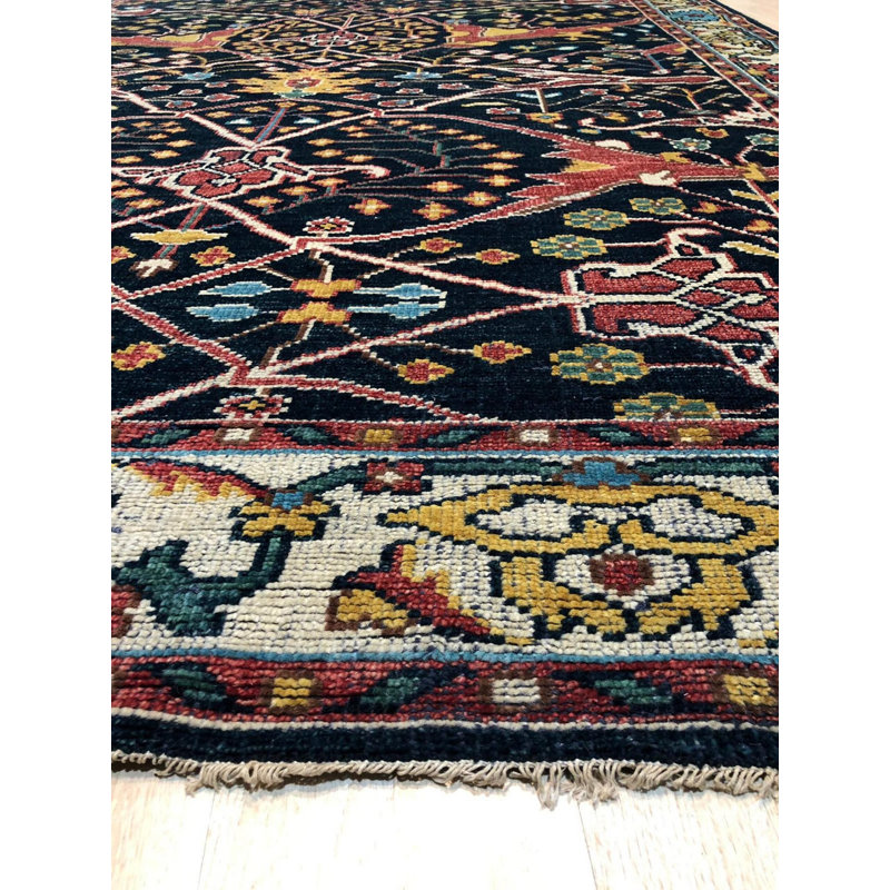 Blue Hand-Knotted Wool Phoenix Design Motif Geometric Modern Contemporary Carpet Rug