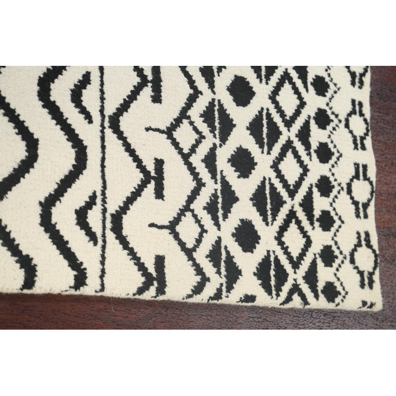 Tapis noir / crème noué à la main de conception unique 3 pi 10 po x 5 pi 9 po New Age