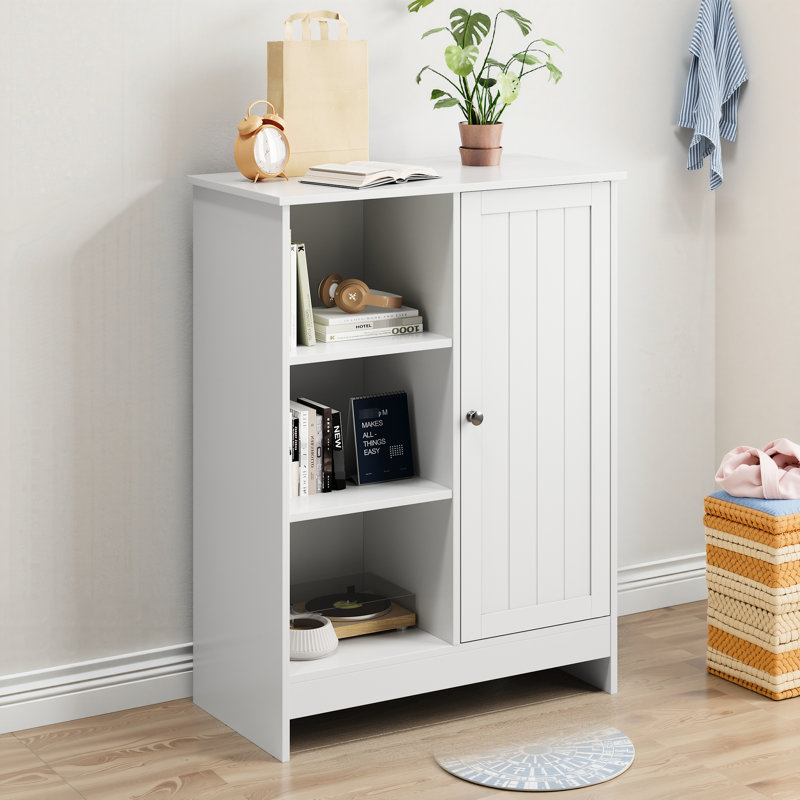 White Freestanding Floor Cabinet For Bathroom Entryway 23.06" X 12.05" 31.5" With Adjustable Shelves 1 3 Open Build Magnetic Door Stop Storage Kitchen Office And Hidden Shelving Stable Design Silver