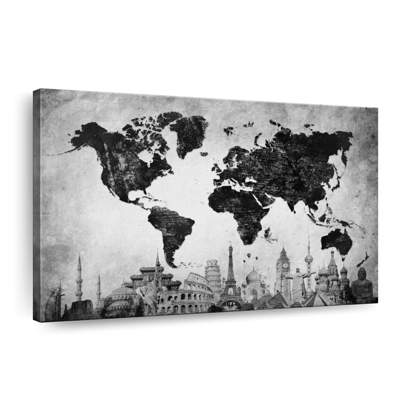 Charcoal Black World Map Canvas Print, 30" H x 45" W x 1.25" D