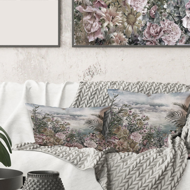 Carré, fleurs rétro au bord de la mer - coussin décoratif imprimé rétro, 18" x 18"