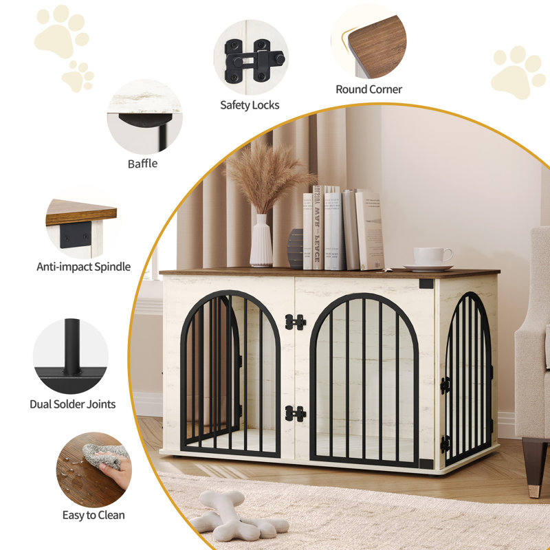 Dog Crate Furniture, 100 cm Wooden Dog Crate, Indoor Kennel for Small/Medium/Large Dogs, End Side Table Animal Crates, Anti-Chew, Anti-Escape, Arched Door Design