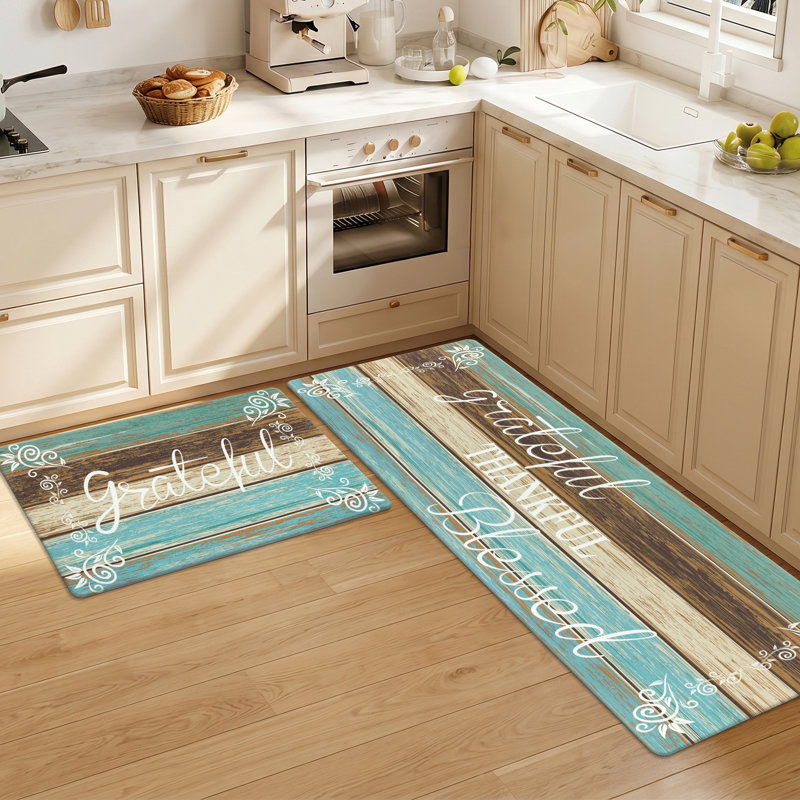 Anti-Fatigue Non-Skid Waterproof Kitchen Mat (Set of 2), Runner 20" x 31.5" + 20" x 59", Teal/Brown