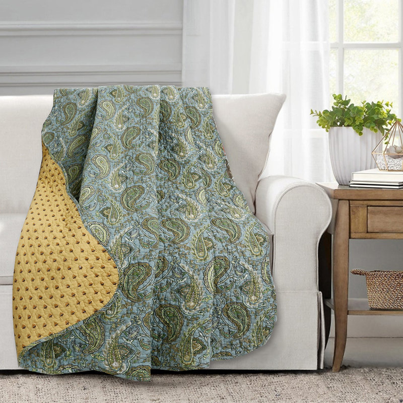 Green Paisley Reversible Cotton Throw Blanket 60" x 50"