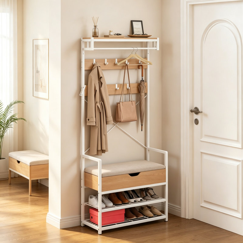 Modular Hall Tree Coat Rack with Shoe Bench, Padded Seat, 10 Removable Hooks & Top Storage Shelf, 2-in-1 Convertible Hallway Storage Unit, Can Be Separated Into Wall-Mounted Coat Rack & Independent Shoe Bench
