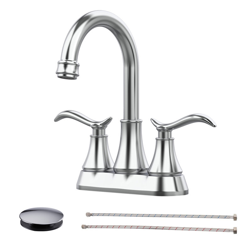 Robinet de salle de bain chromé avec bonde escamotable et tuyaux d'alimentation Robinet de meuble-lavabo central à 4 poignées et pivotant à arche haute 360 degrés à 2 poignées