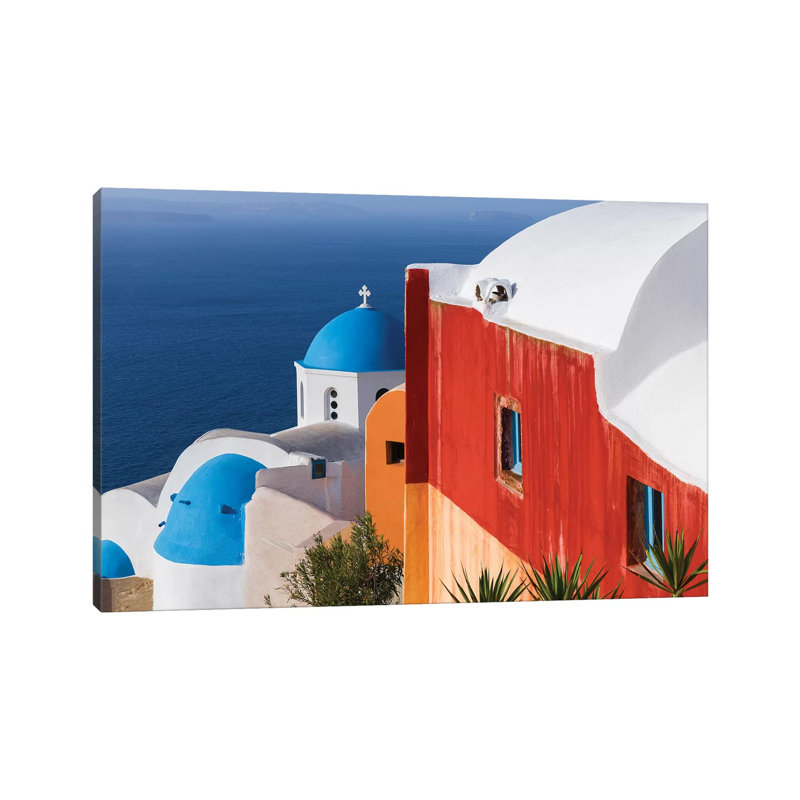 Greece, Santorini, Oia. Colourful House And Church. by Jaynes Gallery - Wrapped Canvas Gallery-Wrapped Canvas Giclée