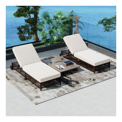 Ensemble de 2 chaises longues d'extérieur, chaise longue de patio avec dossier à 5 positions, chaise longue d'extérieur en rotin avec coussin et roues pour la piscine, la cour, le jardin