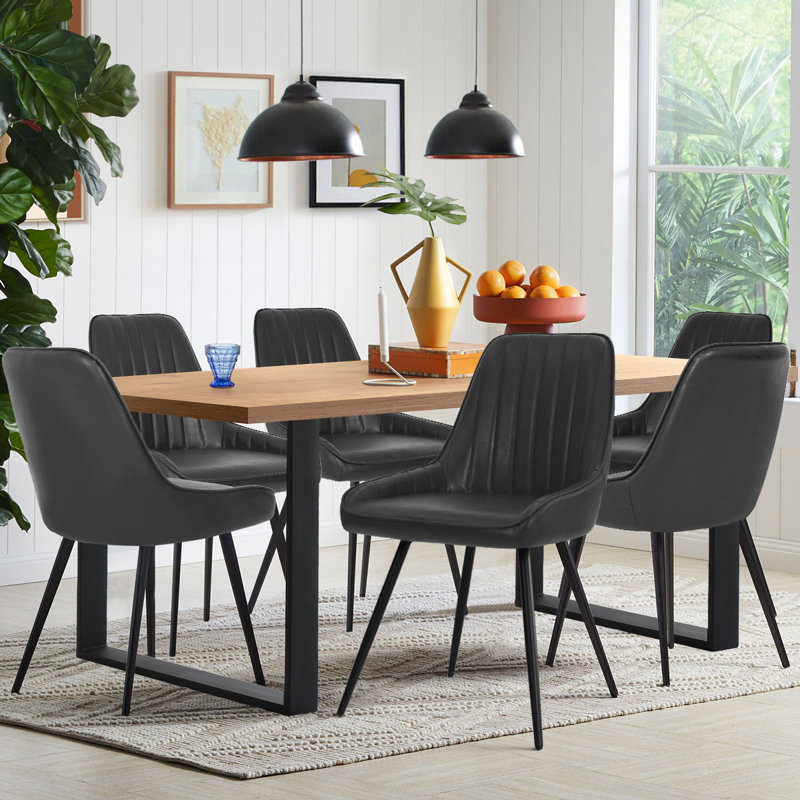 Bhagirath 6-Person Dining Set with Faux Leather Upholstered Chairs and Rectangular Table, Oak, Black
