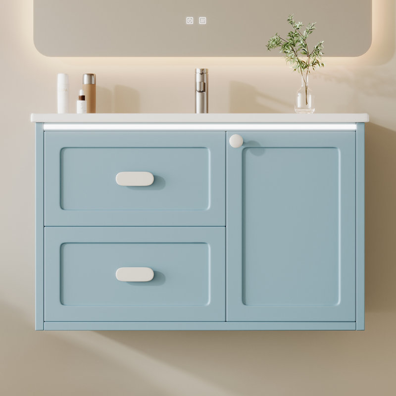 Wall-Mounted Bathroom Vanity with LED Radar Sensor Light, 2 Drawers & Integrated Basin, Blue