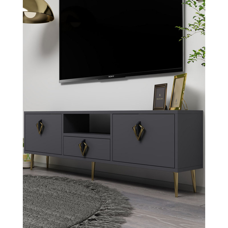 Modern Wall-Mounted TV Stand, Anthracite & Black with Gold Accents | 55.1 x 17.7 x 11.8 inches | 100% Melamine Coated Particle Board, Thickness: 0.7 inches | Multiple Shelves, Stylish & Functional Design for Any Living Room