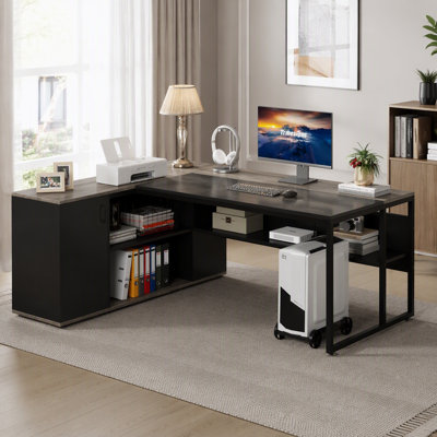 71 inch Executive Desk, L Shaped Desk with Cabinet Storage, Executive Office Table with Shelves, Business Furniture Set Workstation for Home Office, G
