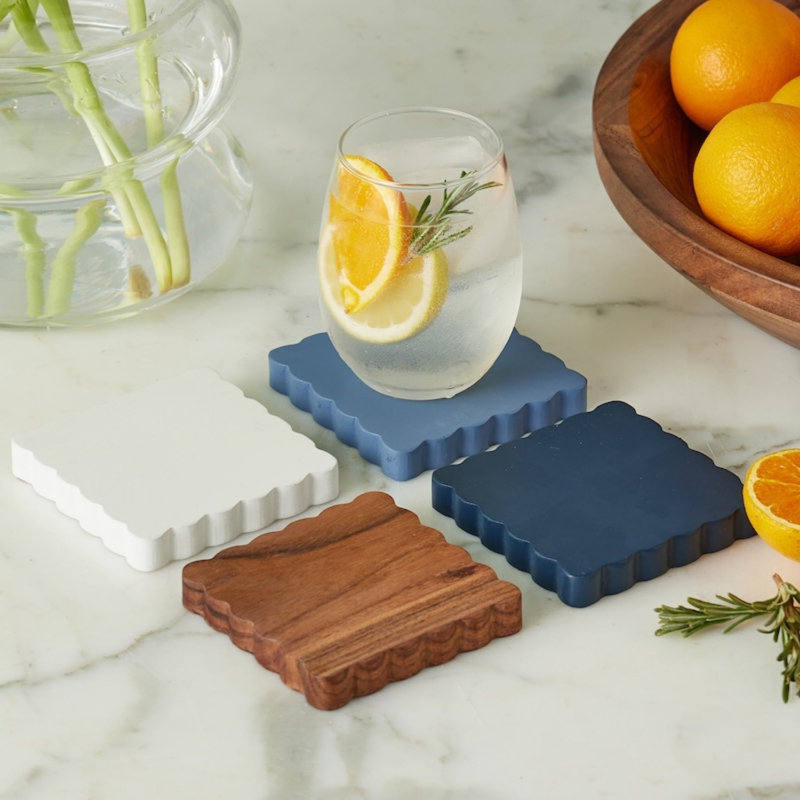 Scalloped Wood Coasters, Square, Natural/White/Blue