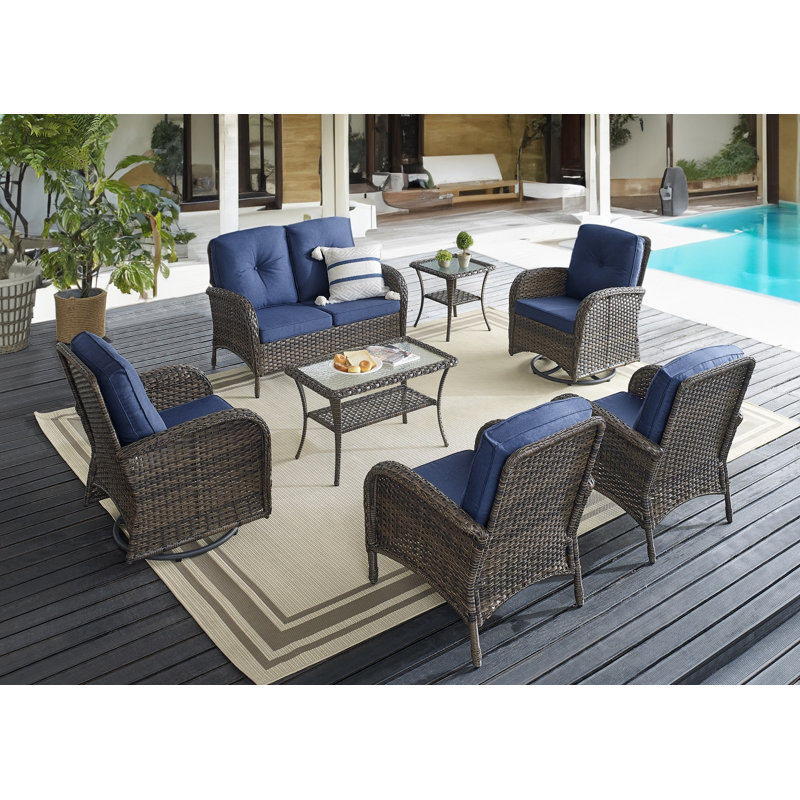 Ensemble de conversation en rotin et osier avec coussins, Structure brune / coussin bleu