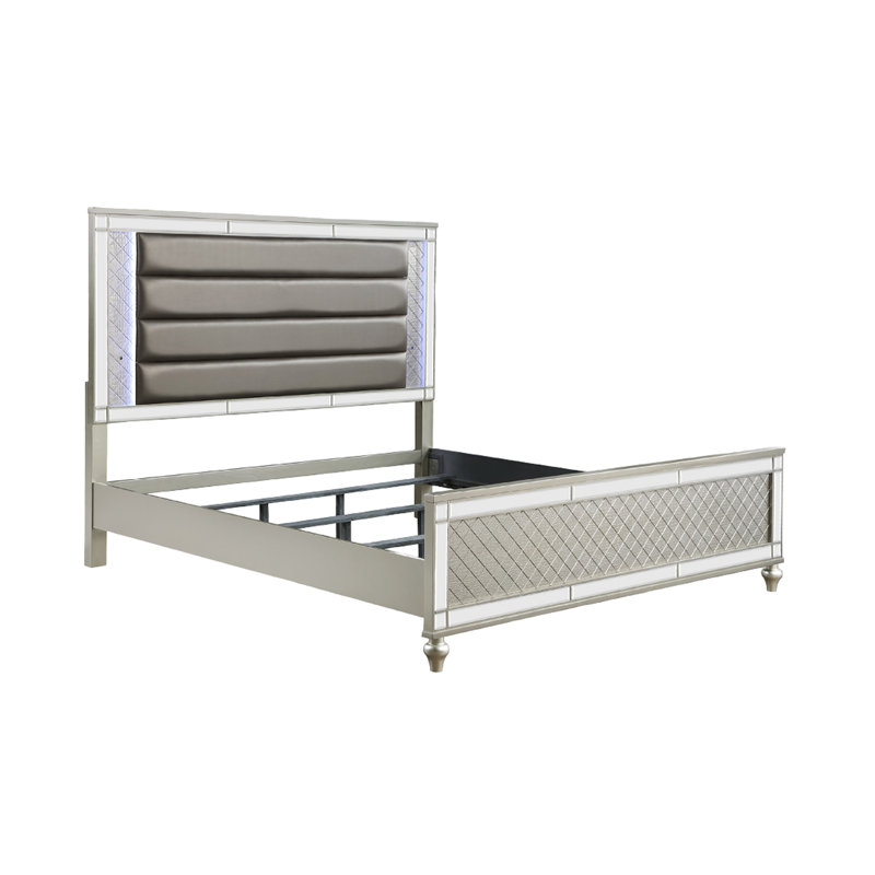 Lit à panneau 1pc avec superbe finition argentée, canal, luxe moderne et éclairage à DEL intégré pour la chambre à coucher avec éclairage,
