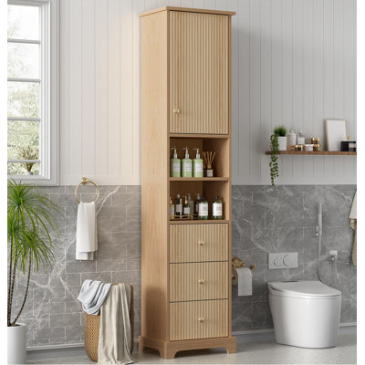 Armoire de salle de bain autoportante de 67,7 po de hauteur, style américain traditionnel, 1 porte avec tablette réglable, 3 tiroirs, rangement ouvert, poignées en métal doré, charnières amortissantes, conception peu encombrante