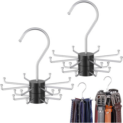 Paquet de 2 crochets de ceinture rotatifs doubles pour garde-robe, organisateur de ceinture rotatif à 2 niveaux, 16 crochets, organisateur de cravates en bois massif à 360 °, support de rangement peu encombrant pour écharpes
