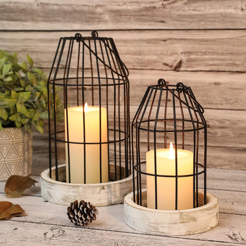 Rustic Wire Metal Cloche Set Of 2 Candle Lantern Decorative Indoor Outdoor Vintage Cage Candle Holders Modern Farmhouse Decor For Fireplace Mantle Entryway Living Room Kitchen Dining Table Centerpiece