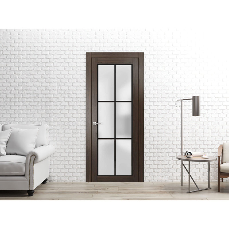 Porte française solide unie | Verre givré Planum 2122 | Poignée simple à panneau régulier | Salle de bain, Frêne chocolat