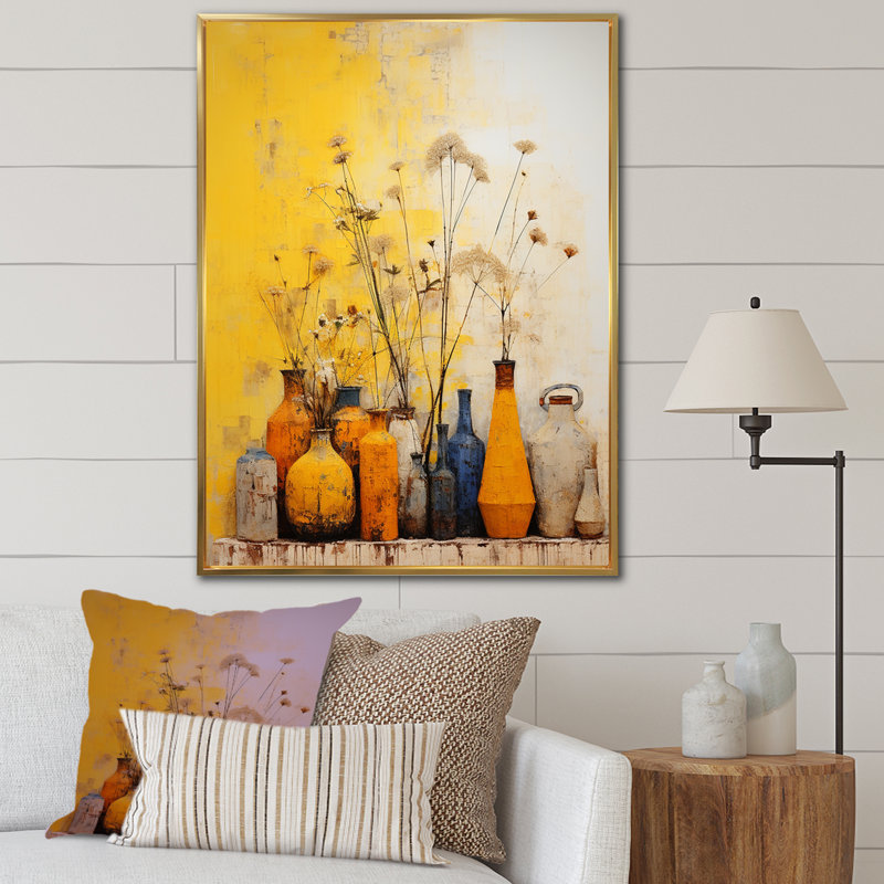 Minimalisme - poteries jaunes I - impression, H 40 po x l 30 po x P 1,5 po, Cadre flottant doré