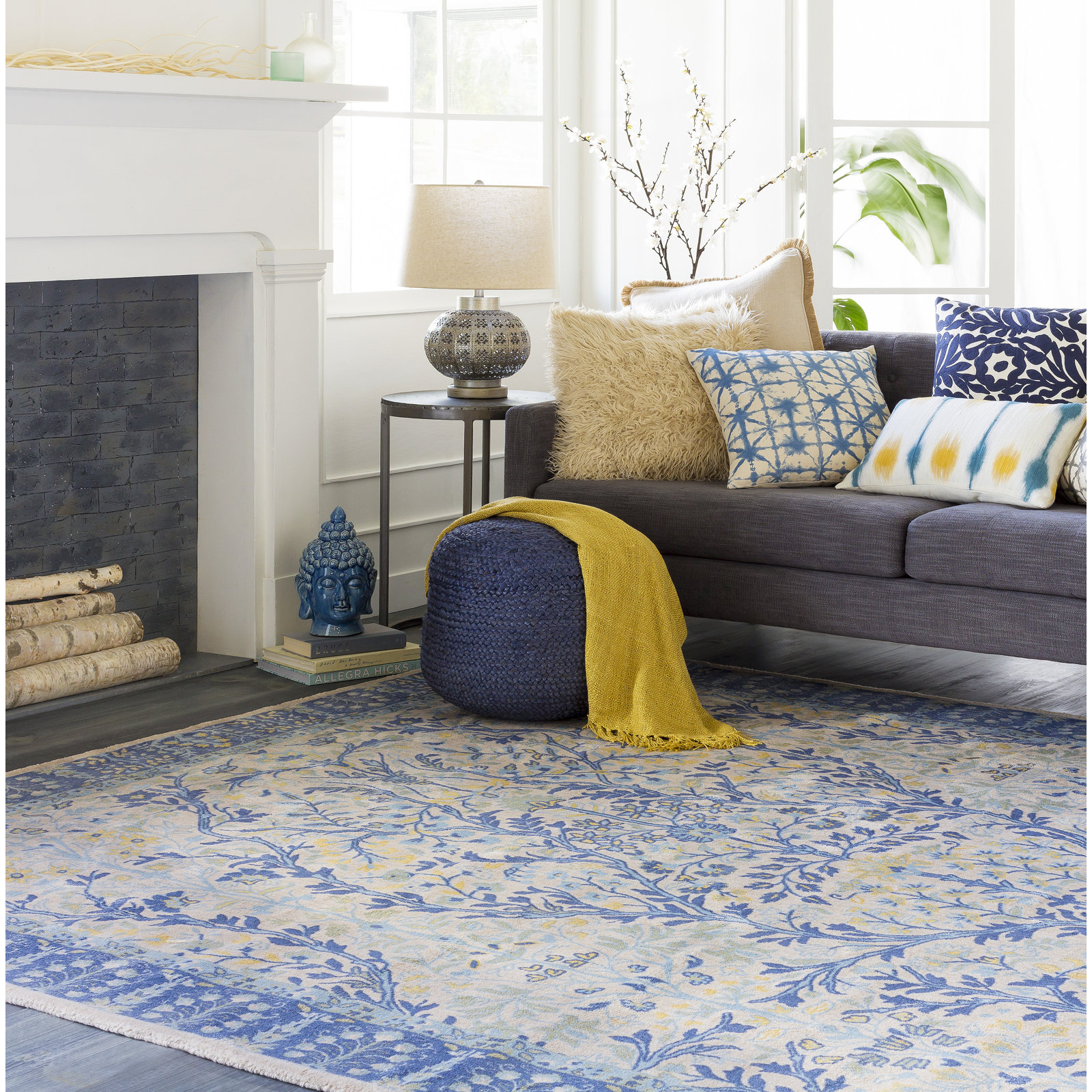 Rodriguez Upholstered Pouf, Dark Blue
