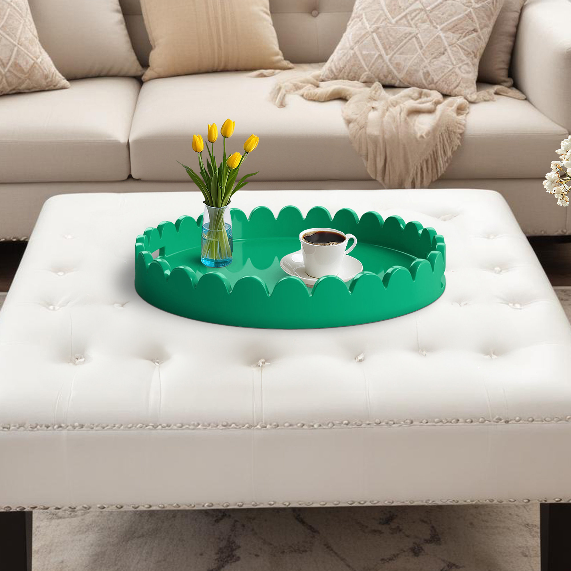 Effa Hand-Crafted Round Scalloped Wood Tray, Emerald Green